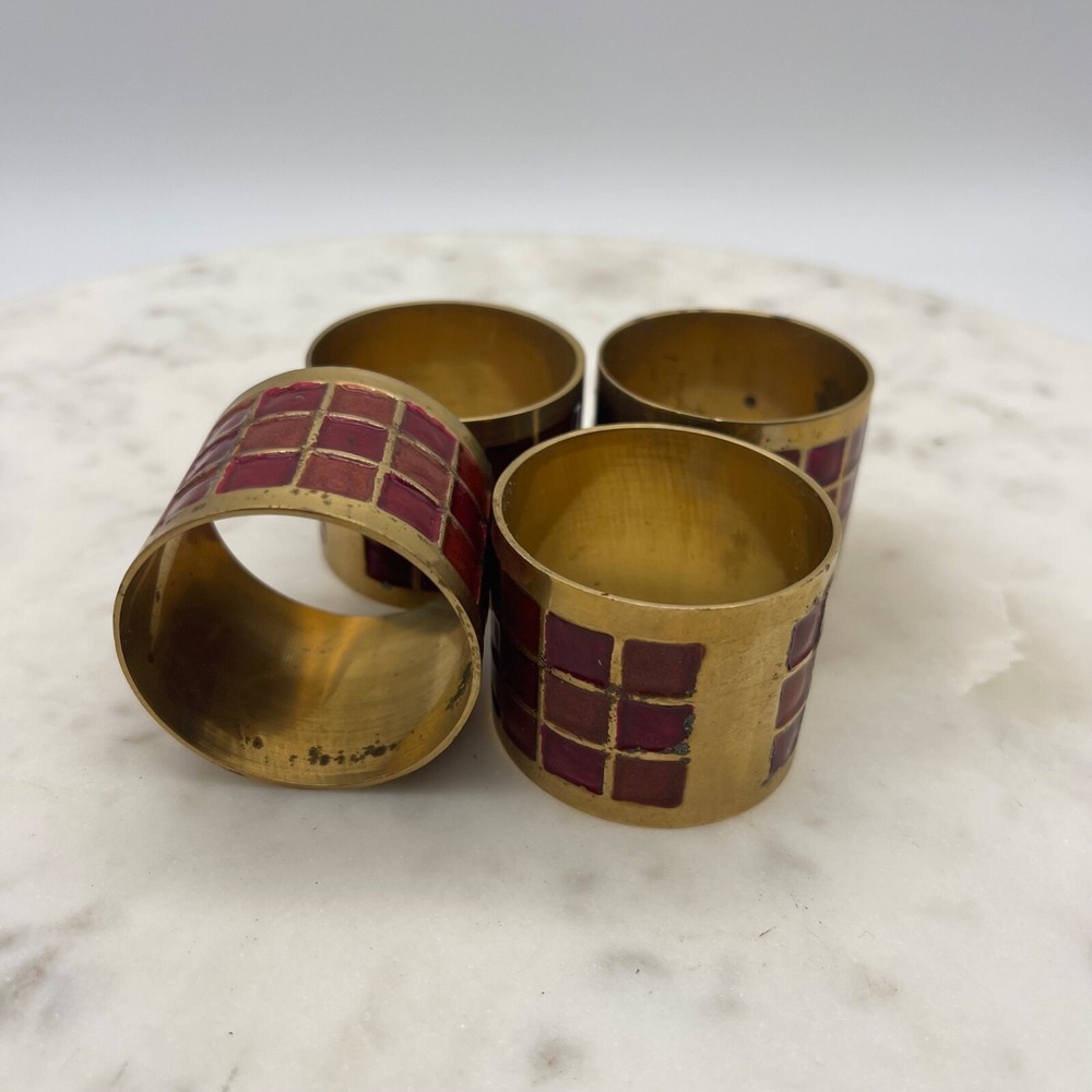 Set of 4‎ Vintage brass and red enamel napkin rings